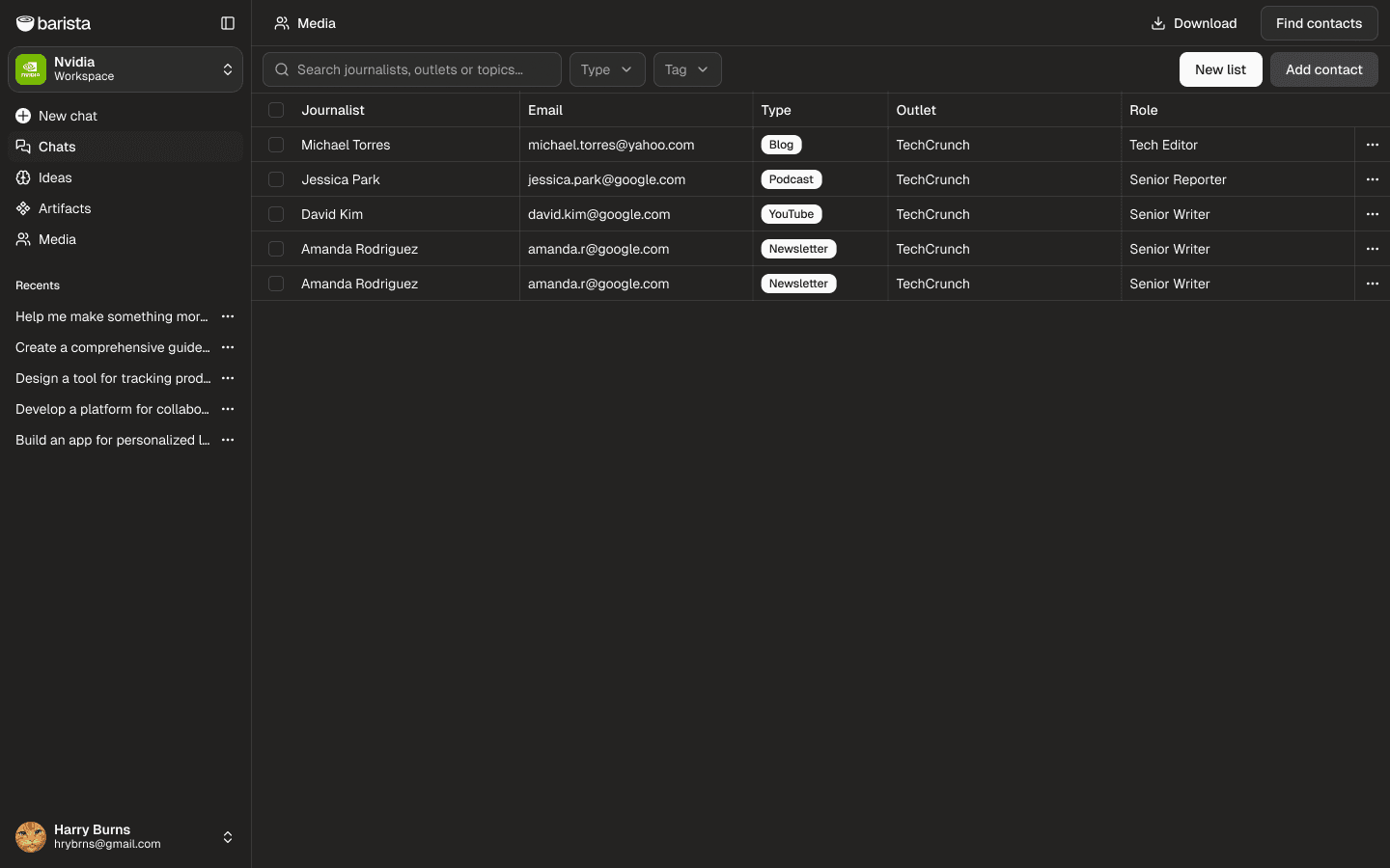 Barista media contacts database