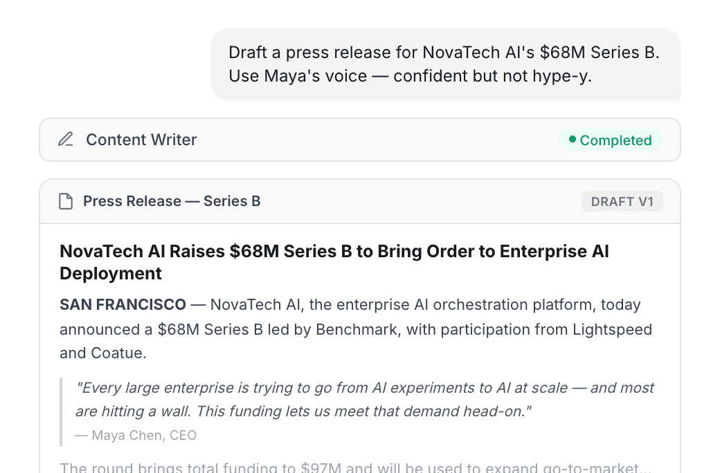 Barista content studio — AI-drafted press release with client voice and context